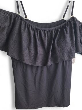 Black Off-Shoulder Ruffle Tank Top Removable Straps